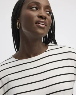 Striped Short-Dolman-Sleeve Boat-Neck T-Shirt