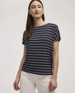 Striped Short-Dolman-Sleeve Boat-Neck T-Shirt