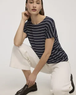 Striped Short-Dolman-Sleeve Boat-Neck T-Shirt