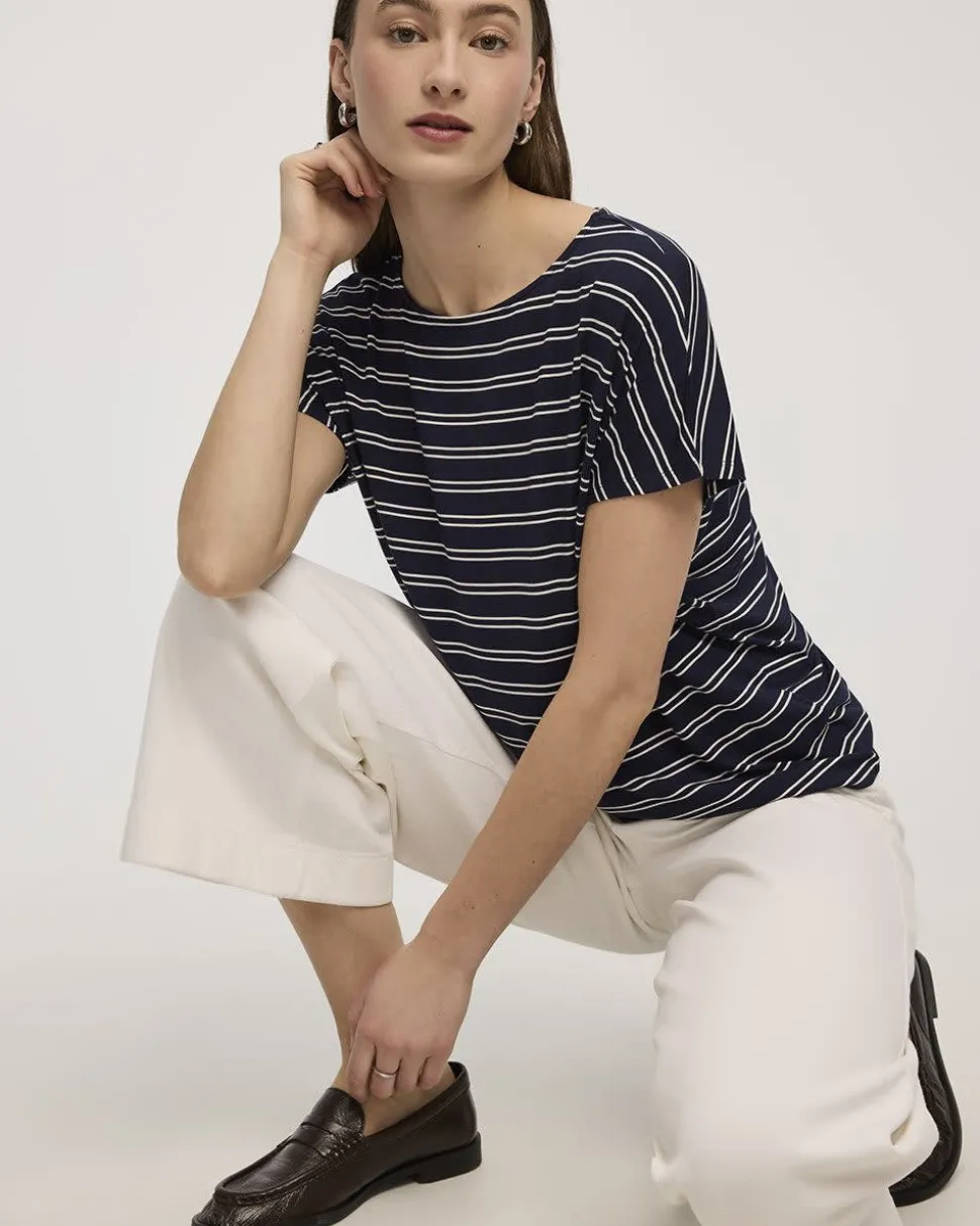 Striped Short-Dolman-Sleeve Boat-Neck T-Shirt