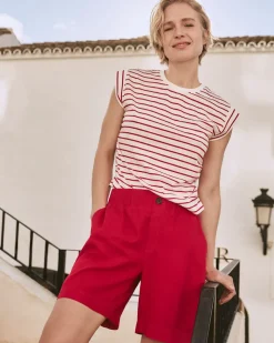 Striped Short-Sleeve Crew-Neck Tee with Shirred Sides