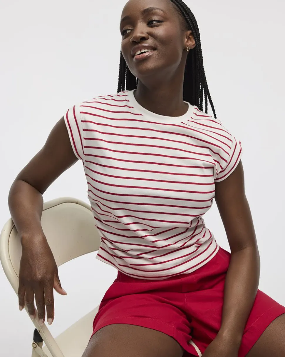 Striped Short-Sleeve Crew-Neck Tee with Shirred Sides