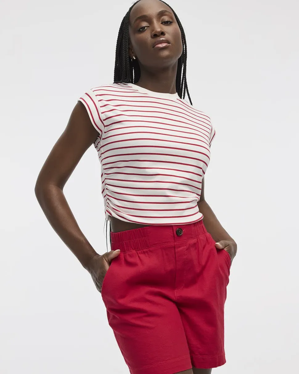 Striped Short-Sleeve Crew-Neck Tee with Shirred Sides