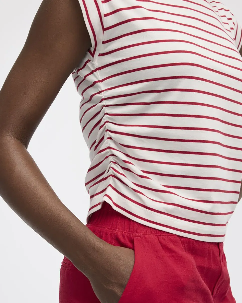Striped Short-Sleeve Crew-Neck Tee with Shirred Sides