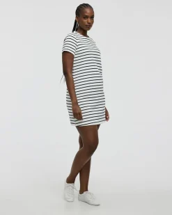 Striped Short-Sleeve Crew-Neck Shift Dress
